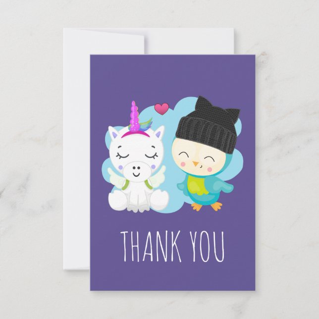Cute Cartoon Unicorn & Bird Thank You Card (Front)