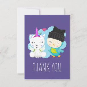 Cute Cartoon Unicorn & Bird Thank You Card
