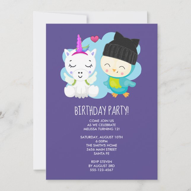 Cute Cartoon Unicorn & Birdie Birthday Invitation (Front)