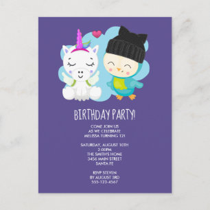 Cute Cartoon Unicorn & Birdie Birthday Postcard