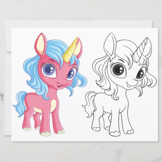 Cute Cartoon unicorn coloring page (Front)