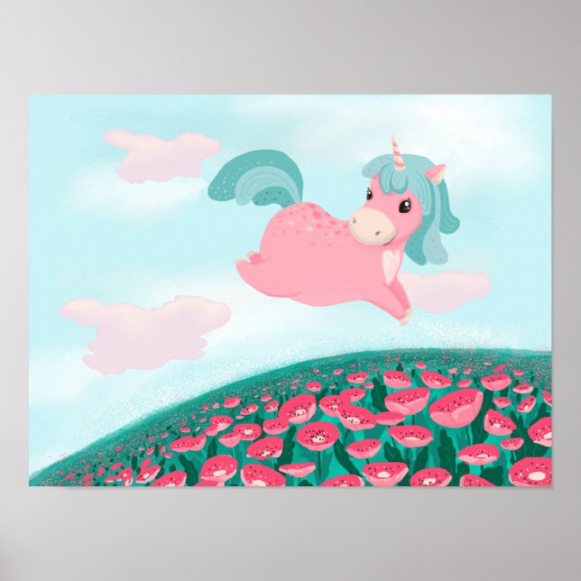      Cute Cartoon Unicorn Pink and Mint Poster (Front)