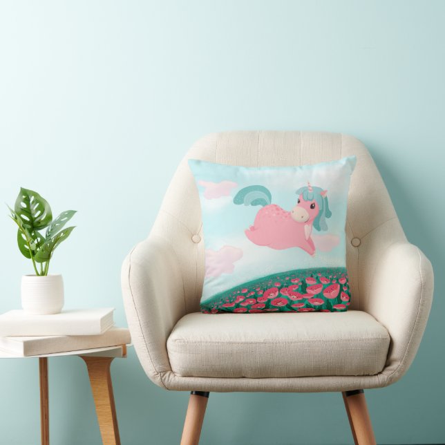      Cute Cartoon Unicorn Pink and Mint  Throw Pillow (Chair)