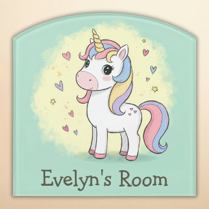 Cute Cartoon Unicorn with Rainbow Mane Door Sign