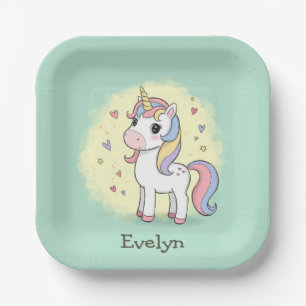 Cute Cartoon Unicorn with Rainbow Mane Paper Plates