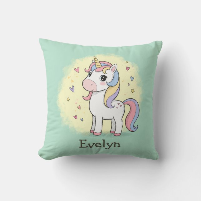 Cute Cartoon Unicorn with Rainbow Mane Throw Pillow (Front)