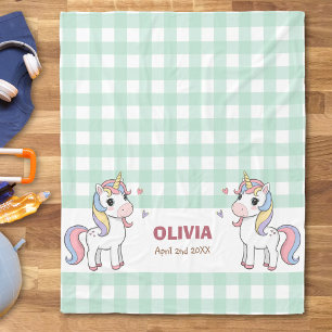 Cute Cartoon Unicorns Gingham Name Birth Fleece Blanket