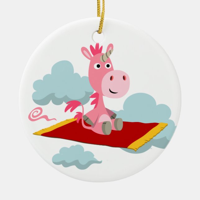 Cute Cartoon Unicorn's Magic Carpet Ride Ornament (Front)