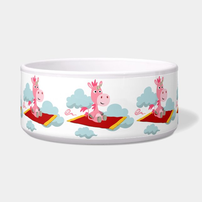 Cute Cartoon Unicorn's Magic Carpet Ride Pet Bowl (Front)