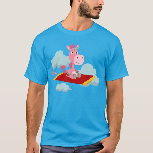 Cute Cartoon Unicorn's Magic Carpet Ride T-Shirt (Front)