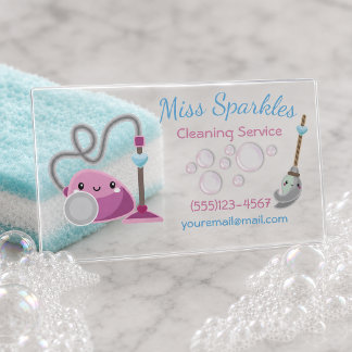 Cute Cartoon Vacuum House Cleaning Services Clear Business Cards