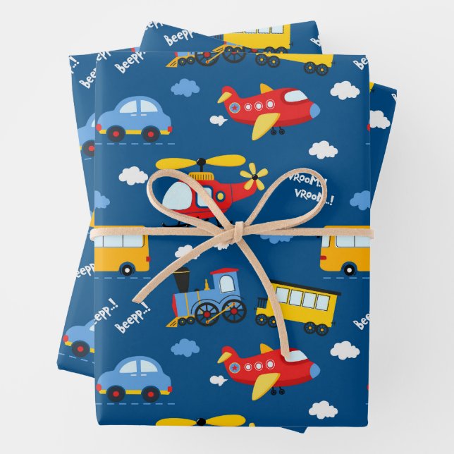 Cute Cartoon Vehicles Pattern  Wrapping Paper Sheets (In situ)
