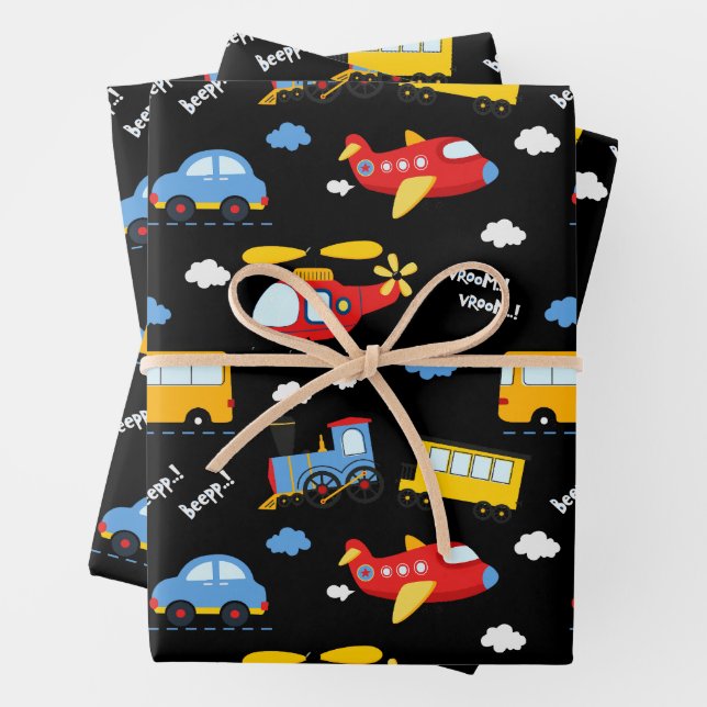 Cute Cartoon Vehicles Pattern  Wrapping Paper Sheets (In situ)
