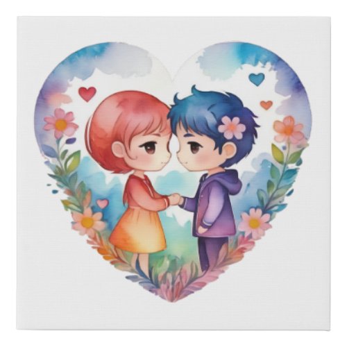 Cute Cartoon Watercolor Couple Flowers And Hearts Faux Canvas Print