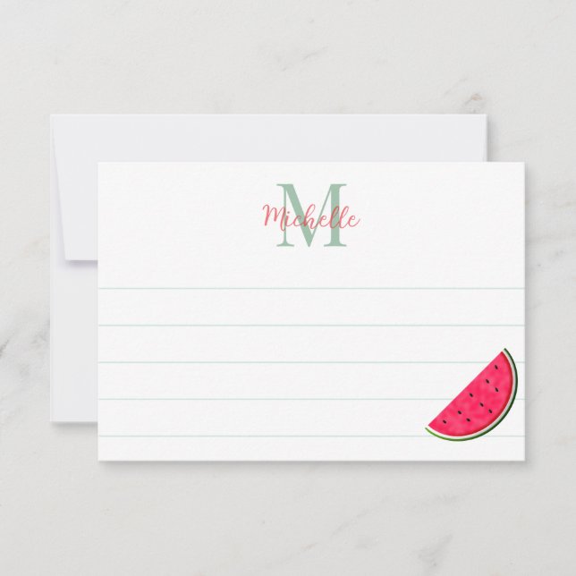 Cute Cartoon Watermelon Custom Monogram Lined Note Card (Front)