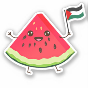 Cute Cartoon Watermelon Holding Palestine Flag Sticker