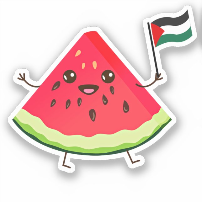Cute Cartoon Watermelon Holding Palestine Flag Sticker (Front)