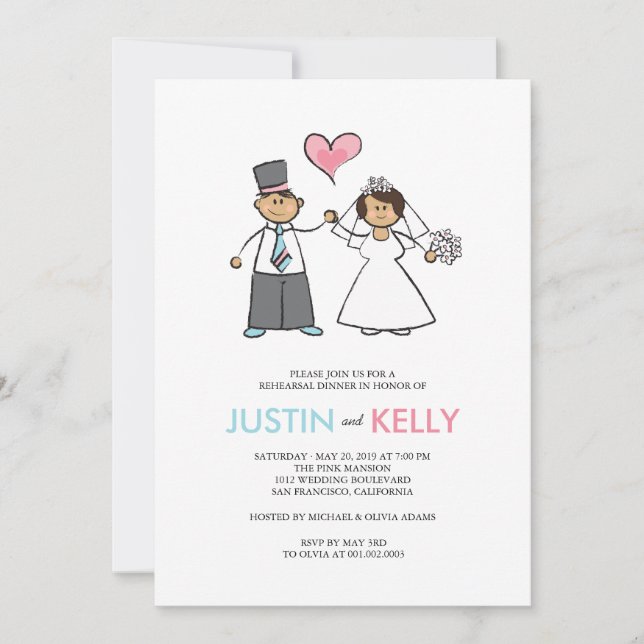 Cute Cartoon Wedding Couple DInner Rehearsal Party Invitation (Front)