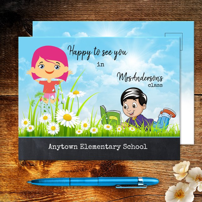 Cute Cartoon Welcome Back to School Postcard (A cheerful postcard featuring a cartoon design with happy children, eager to go back to school.)