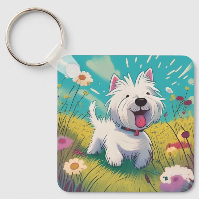 Cute cartoon Westie running through the flowers Keychain (Front)