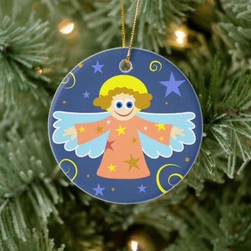 Cute Cartoon Whimsical Angel Christmas Art Ceramic Ornament