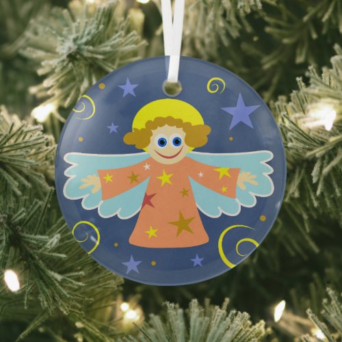Cute Cartoon Whimsical Angel Christmas Art Glass Ornament