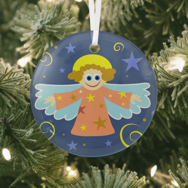 Cute Cartoon Whimsical Angel Christmas Art Glass Ornament (Insitu)