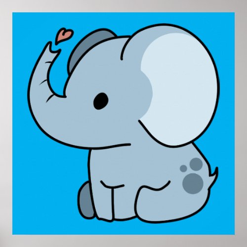 Cute Cartoon Whimsical Elephant Blue Poster