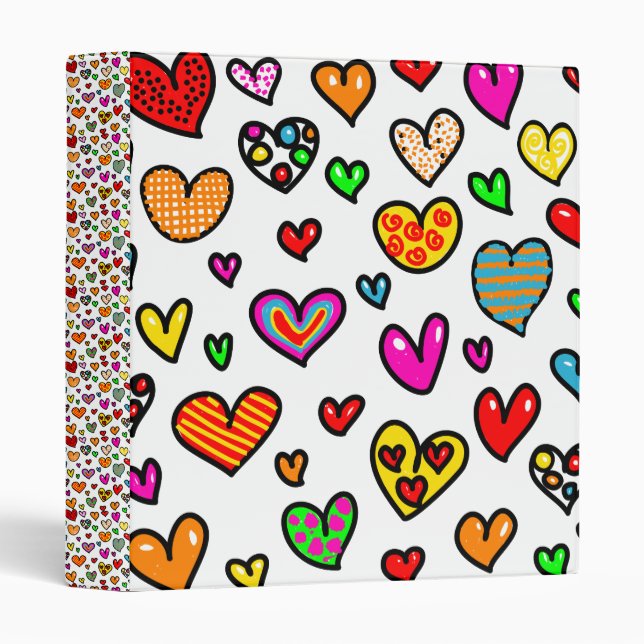 Cute Cartoon Whimsical Multi Love Heart Pattern 3 Ring Binder (Front/Spine)