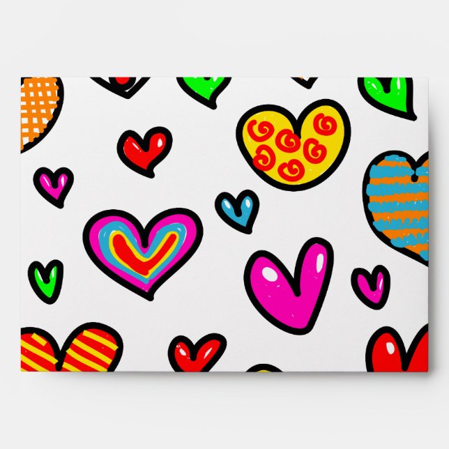 Cute Cartoon Whimsical Multi Love Heart Pattern Envelope (Front)