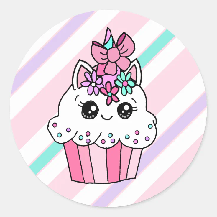 Cute Cartoon Whimsical Pink Unicorn Cupcake Classic Round Sticker | Zazzle