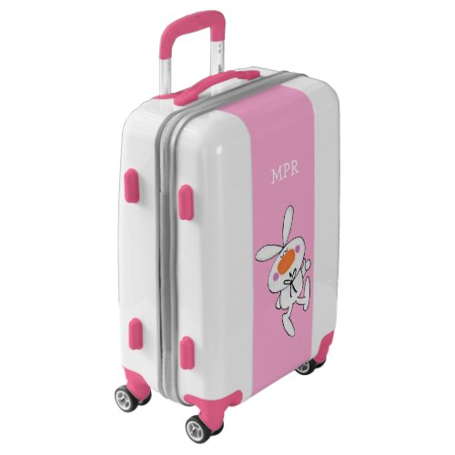 Cute Cartoon White Bunny Snapping Fingers on Pink Luggage