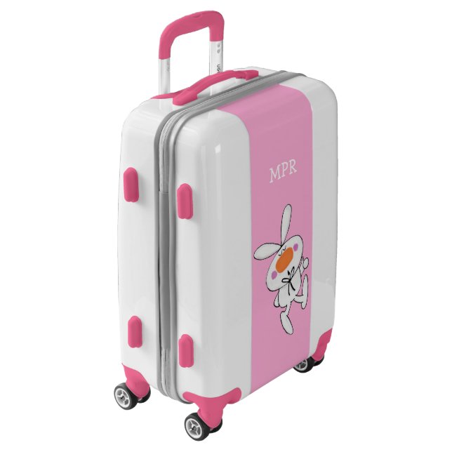 Cute Cartoon White Bunny Snapping Fingers on Pink Luggage (Rotated Left)