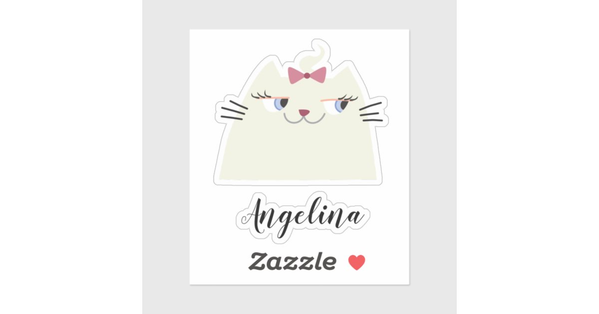 Cute Cartoon White Cat With Pink Bow Name Sticker Zazzle Com