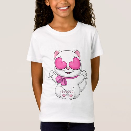 Cute cartoon  white cat with two heart candies T_Shirt