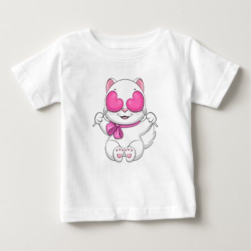 Cute cartoon white cat with two hearts baby T_Shirt