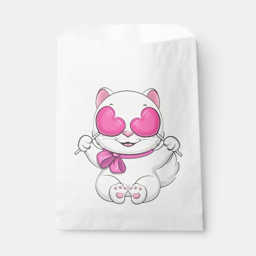 Cute cartoon white cat with two hearts favor bag