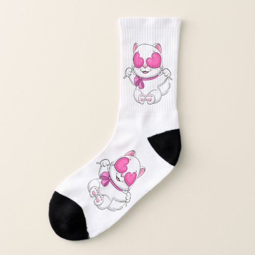 Cute cartoon white cat with two hearts socks