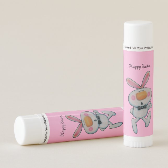 Cute Cartoon White Easter Bunny Bow Tie Pink Lip Balm (Front)