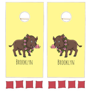 Cute cartoon wild boar and flowers cornhole set
