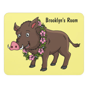 Cute cartoon wild boar and flowers door sign