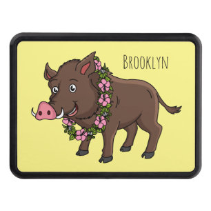 Cute cartoon wild boar and flowers hitch cover