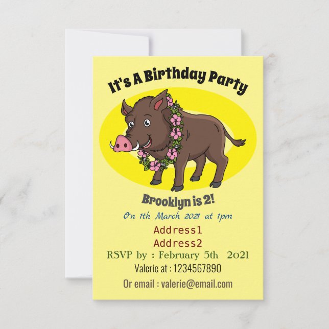 Cute cartoon wild boar and flowers  invitation (Front)