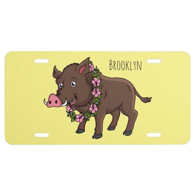 Cute cartoon wild boar and flowers license plate (Front)