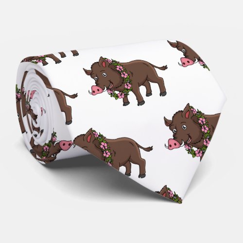 Cute cartoon wild boar and flowers neck tie