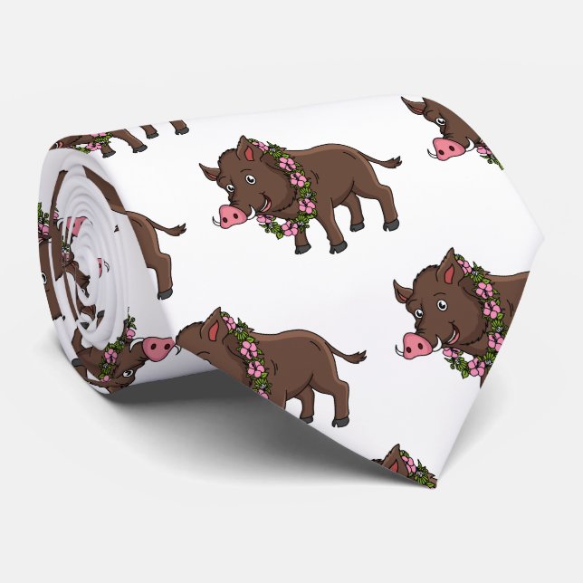 Cute cartoon wild boar and flowers neck tie (Rolled)