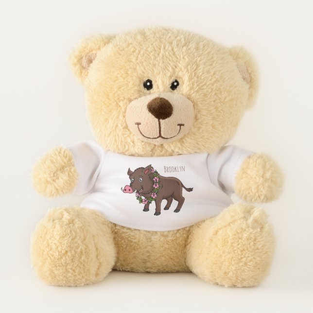 Cute cartoon wild boar and flowers teddy bear (Front)