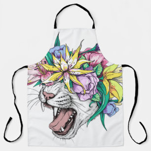 Cute cartoon wild cat head in a floral wreath. Bea Apron