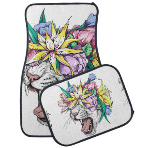 Cute cartoon wild cat head in a floral wreath. Bea Car Floor Mat