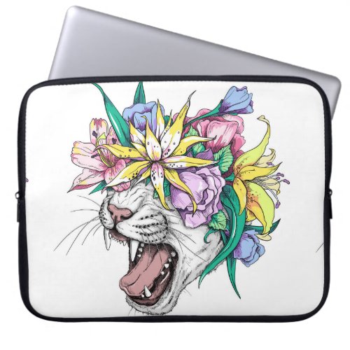 Cute cartoon wild cat head in a floral wreath Bea Laptop Sleeve